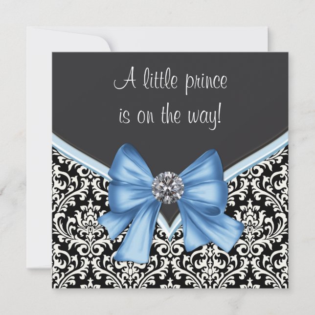 Elegant Blue and Black Damask Prince Baby Shower Inbjudningar (Framsida)