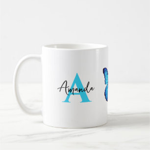 Elegant Blue and Black Monogram Namn Butterfly Kaffemugg