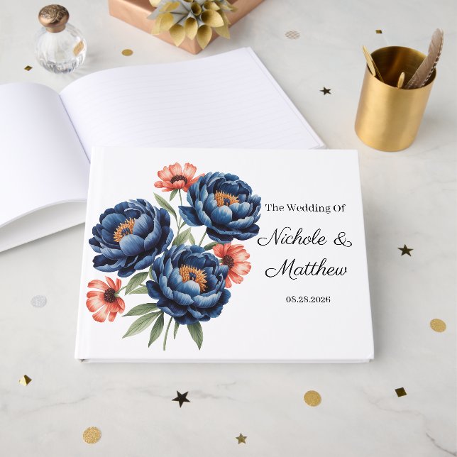 Elegant Blue and Burnt Orange Floral Wedding  Gästböcker (Framsida Öppen)