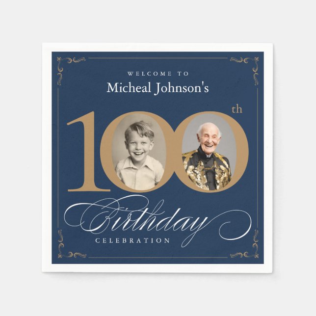 Elegant Blue and Gold Custom Photo 100th Birthday  Pappersservett (Framsidan)