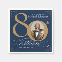 Elegant Blue and Gold Custom Photo 80th Birthday