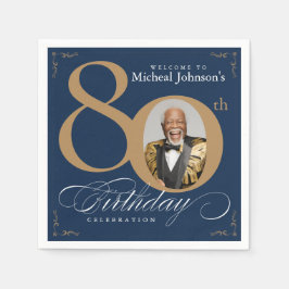Elegant Blue and Gold Custom Photo 80th Birthday  Pappersservett