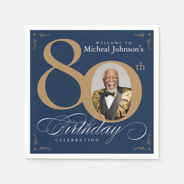 Elegant Blue and Gold Custom Photo 80th Birthday  Pappersservett (Framsidan)