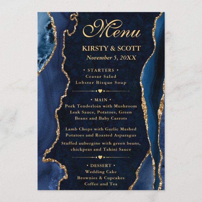 Elegant Blue and Gold Faux Glitter Agate Wedding Meny (Framsida)