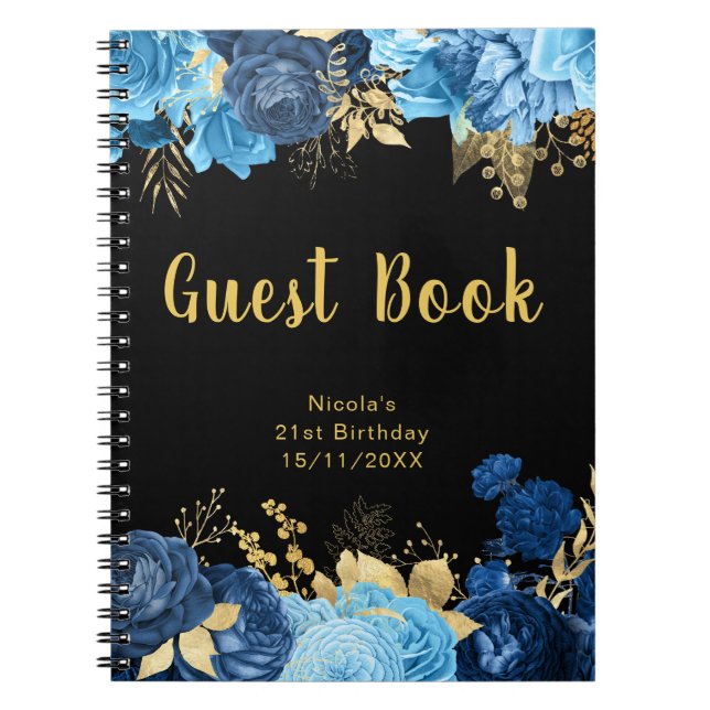 Elegant Blue and Gold Flowers Birthday Guest Book Anteckningsbok (Framsidan)