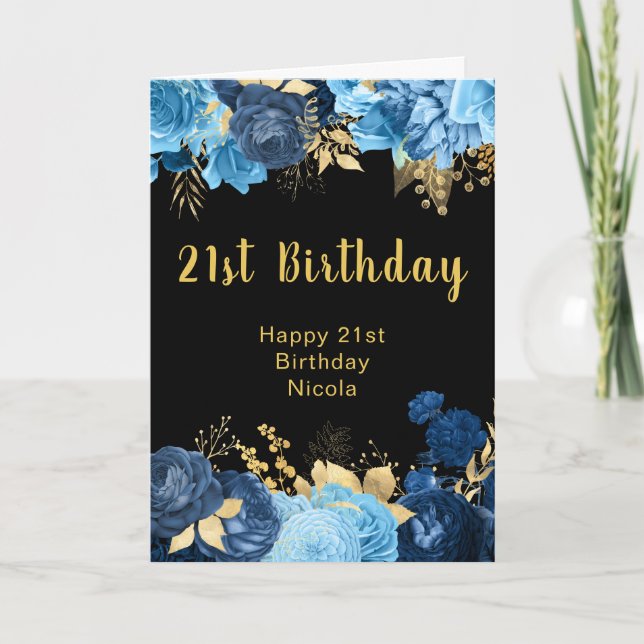 Elegant Blue and Gold Flowers Birthday Party Kort (Framsida)