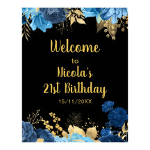 Elegant Blue and Gold Flowers Birthday Party
