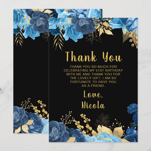 Elegant Blue and Gold Flowers Birthday Party Tack Kort (Fram/baksida)