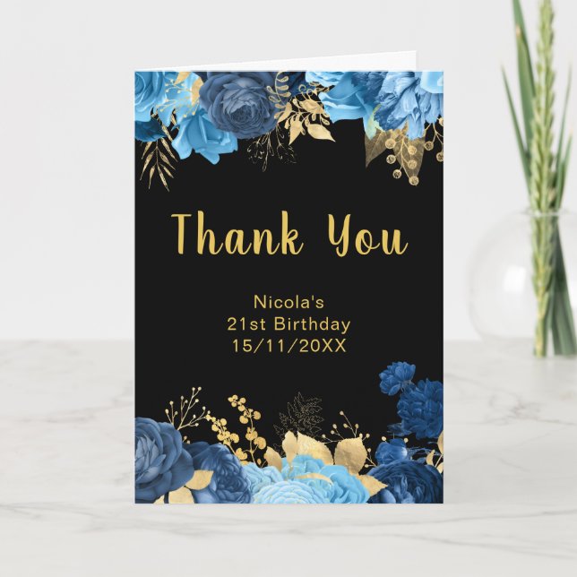 Elegant Blue and Gold Flowers Birthday Party Tack Kort (Framsida)