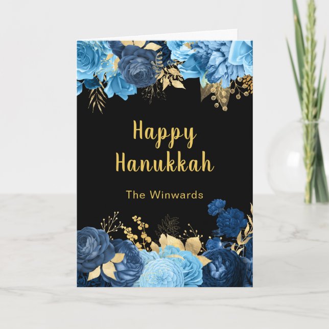 Elegant Blue and Gold Flowers Hanukkah Party Helgkort (Framsida)