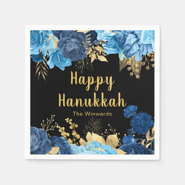 Elegant Blue and Gold Flowers Hanukkah Party Pappersservett (Framsidan)