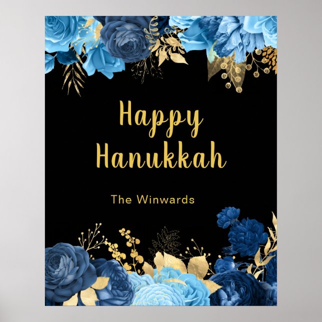 Elegant Blue and Gold Flowers Hanukkah Party Poster (Framsidan)