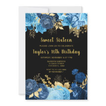Elegant Blue and Gold Flowers Sweet Sixteen
