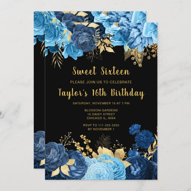 Elegant Blue and Gold Flowers Sweet Sixteen Inbjudningar (Fram/baksida)