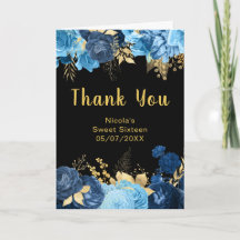 Elegant Blue and Gold Flowers Sweet Sixteen