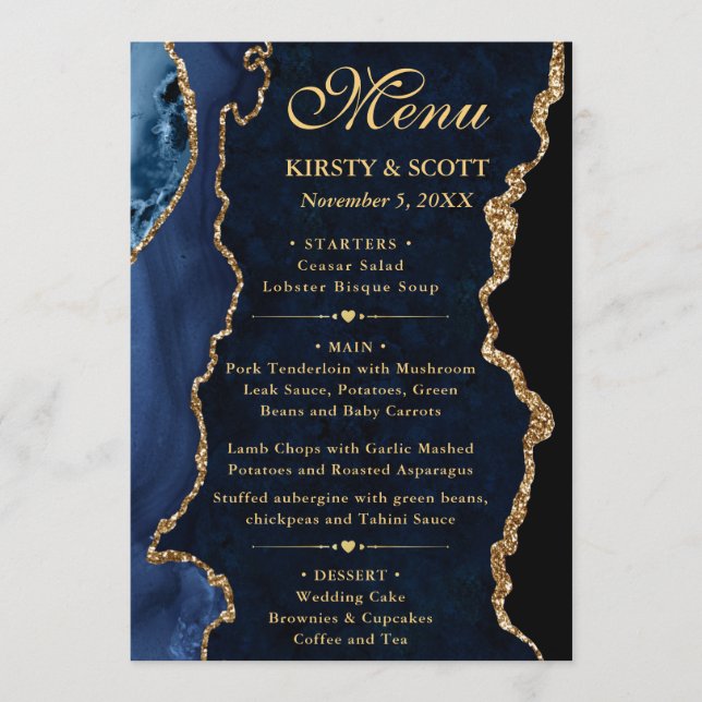 Elegant Blue and Gold Glitter Agate Wedding Meny (Framsida)