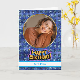 Elegant Blue and Gold Glitter Photo Name Birthday Kort