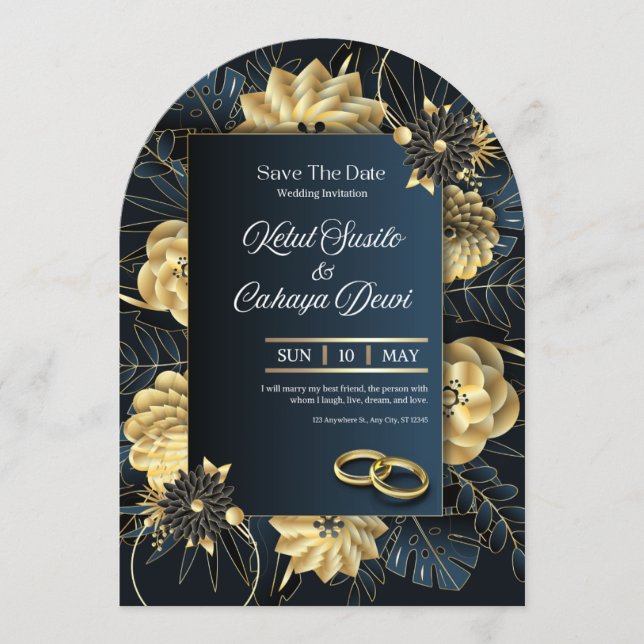 Elegant Blue and Gold Luxury Wedding Invitation Inbjudningar (Framsida)