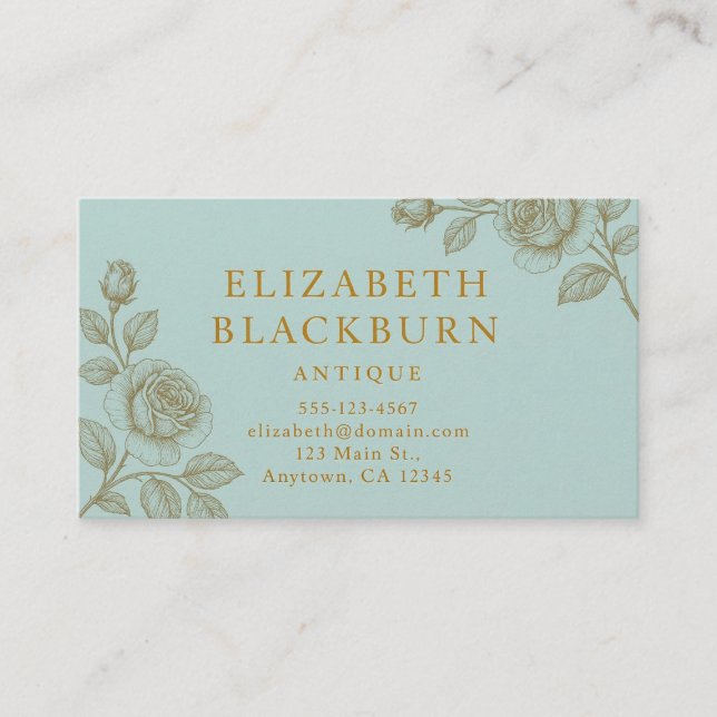 Elegant Blue and Gold Rose Business Card Visitkort (Framsida)