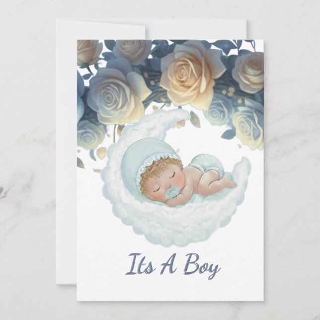 Elegant blue and gold roses baby boy shower inbjudningar (Framsida)