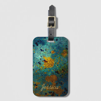 Elegant Blue and Gold Vine Abstract Personalised Bagagebricka