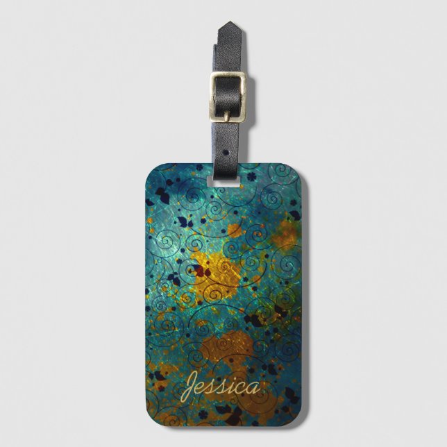 Elegant Blue and Gold Vine Abstract Personalised Bagagebricka (Framsida vertikal)