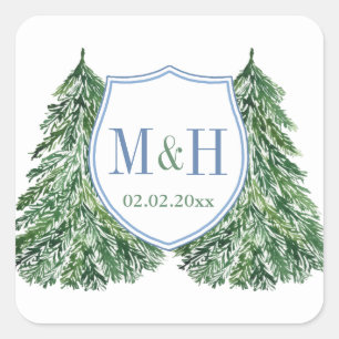 Elegant Blue and Grönt Forest Winter Wedding Logot Fyrkantigt Klistermärke
