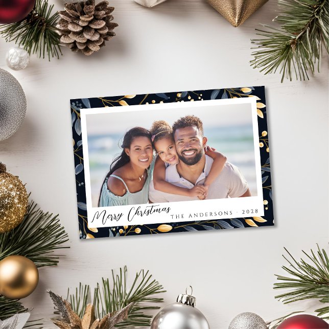 Elegant Blue and Guld jul Löv Photo Julkort (Elegant Blue and Gold Leaves Christmas Card)