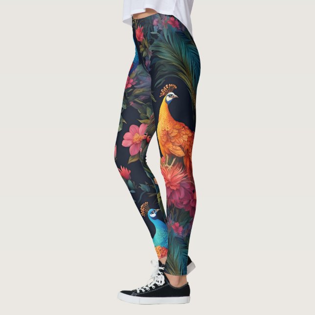 Elegant Blue and Guld Peacock in Colorful Garden Leggings (Vänster)