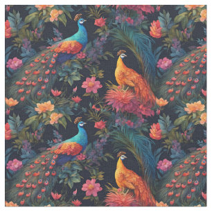 Elegant Blue and Guld Peacock in Colorful Garden Tyg