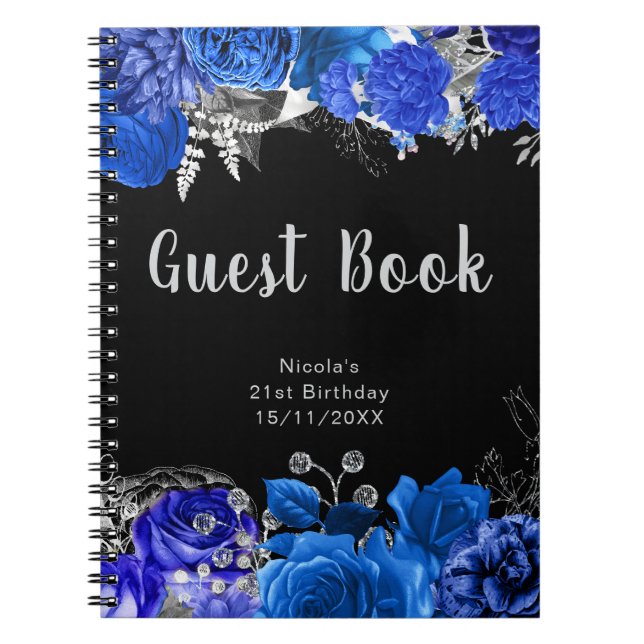 Elegant Blue and Silver Flower Birthday Guest Book Anteckningsbok (Framsidan)