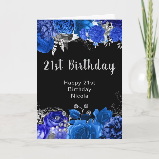 Elegant Blue and Silver Flowers Birthday Party Kort (Framsida)