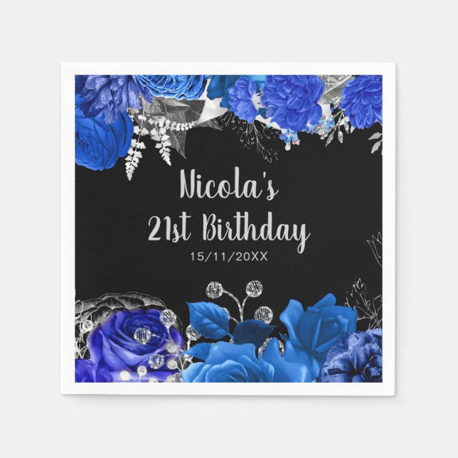 Elegant Blue and Silver Flowers Birthday Party Pappersservett (Framsidan)