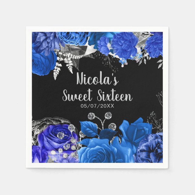 Elegant Blue and Silver Flowers Sweet Sixteen Pappersservett (Framsidan)
