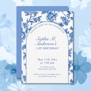 Elegant Blue and White 21 Birthday Party Inbjudningar