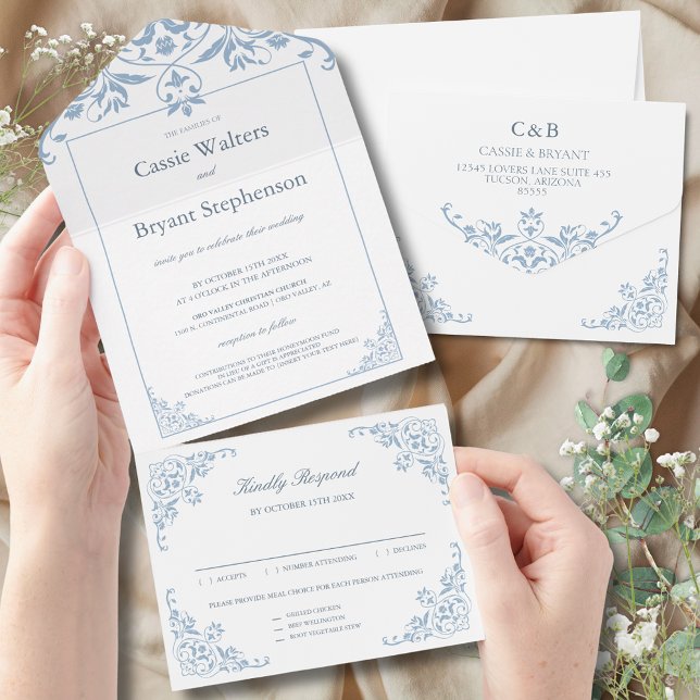 Elegant Blue and White Allt i en bröllopsinbjudan (Elegant all in one wedding invitaiton in simple minimalist blue and white design with rsvp cards)