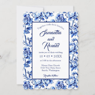 Elegant Blue and White Blommigt Toile Bröllop Inbjudningar