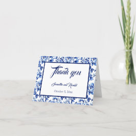 Elegant Blue and White Blommigt Toile Bröllop Tack Kort