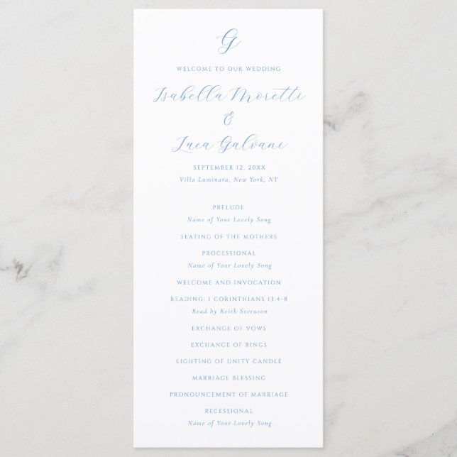 Elegant Blue and White Coastal Chic Wedding Program (Framsida)