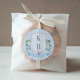 Elegant Blue and White Coastal Monogram Bröllop Runt Klistermärke