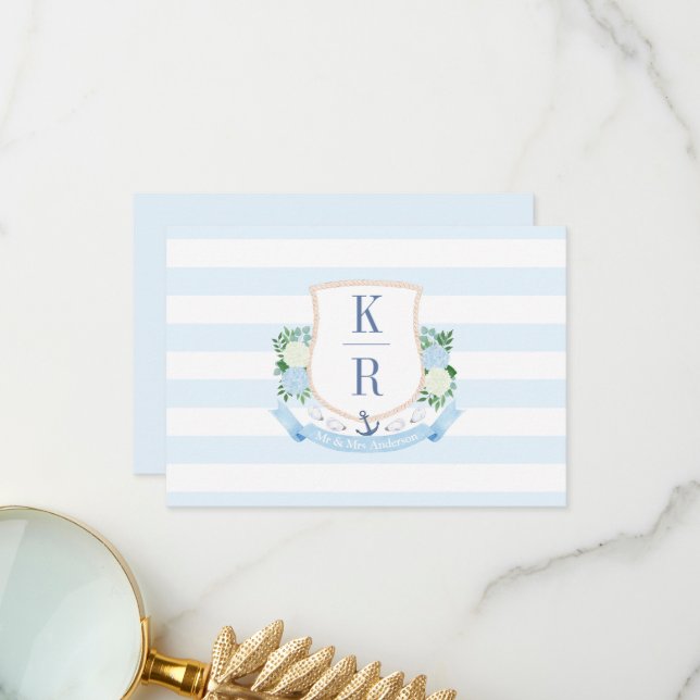 Elegant Blue and White Coastal Monogram Bröllop Tack Kort (Fram/Back In Situ)