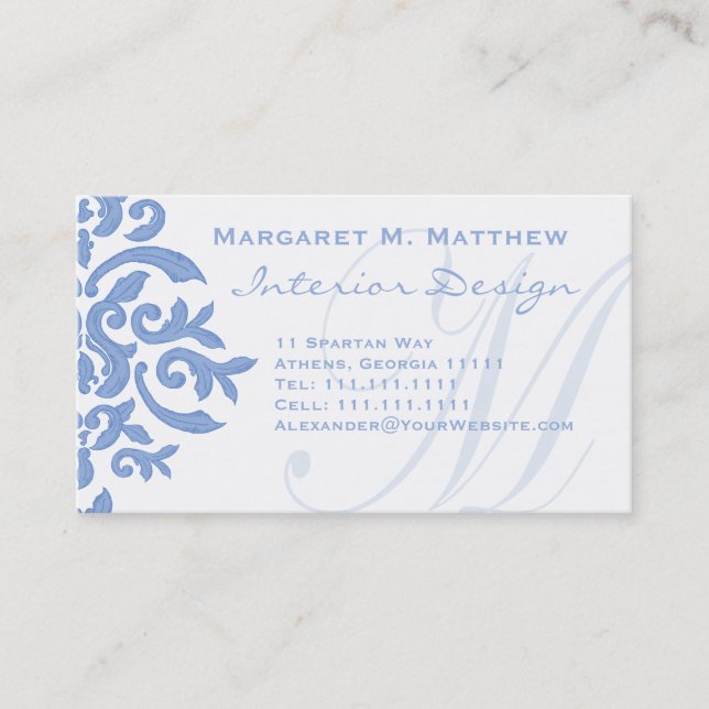 Elegant Blue and White Damask Brev M Visitkort (Framsida)