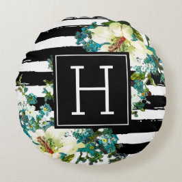 Elegant Blue and White Flowers with Monogram Rund Kudde