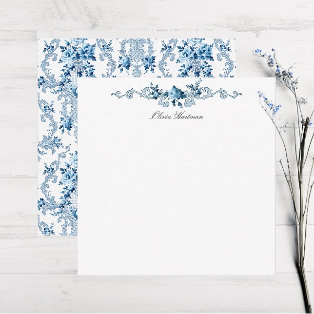 Elegant Blue and White Fransk Rococo Blommigt Anteckningskort (Skapare uppladdad)