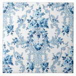 Elegant Blue and White Fransk Rococo Blommigt Cera Kakelplatta<br><div class="desc">Elegant,  romantisk och ornerad vintage Fransk Rococo stil sömlös blommigt med blå ro och scrollsar på vit bakgrund.</div>