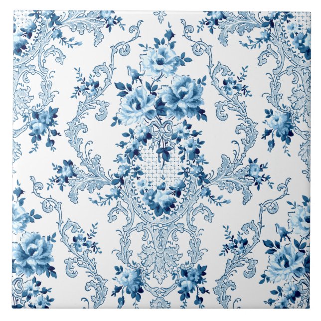 Elegant Blue and White Fransk Rococo Blommigt Cera Kakelplatta (Framsidan)