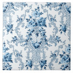 Elegant Blue and White Fransk Rococo Blommigt Kakelplatta<br><div class="desc">Elegant,  romantisk och ornerad vintage Fransk Rococo stil sömlös blommigt med blå ro och scrollsar på vit bakgrund.</div>