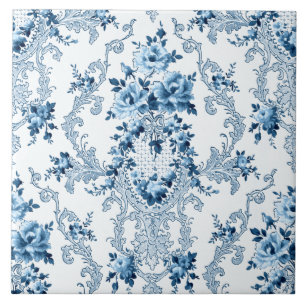 Elegant Blue and White Fransk Rococo Blommigt Kakelplatta