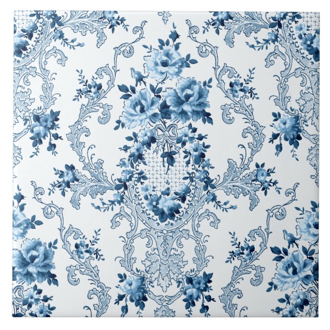 Elegant Blue and White Fransk Rococo Blommigt Kakelplatta (Framsidan)