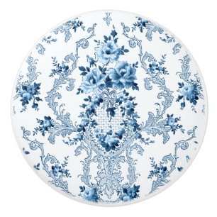 Elegant Blue and White Fransk Rococo Blommigt Knopp